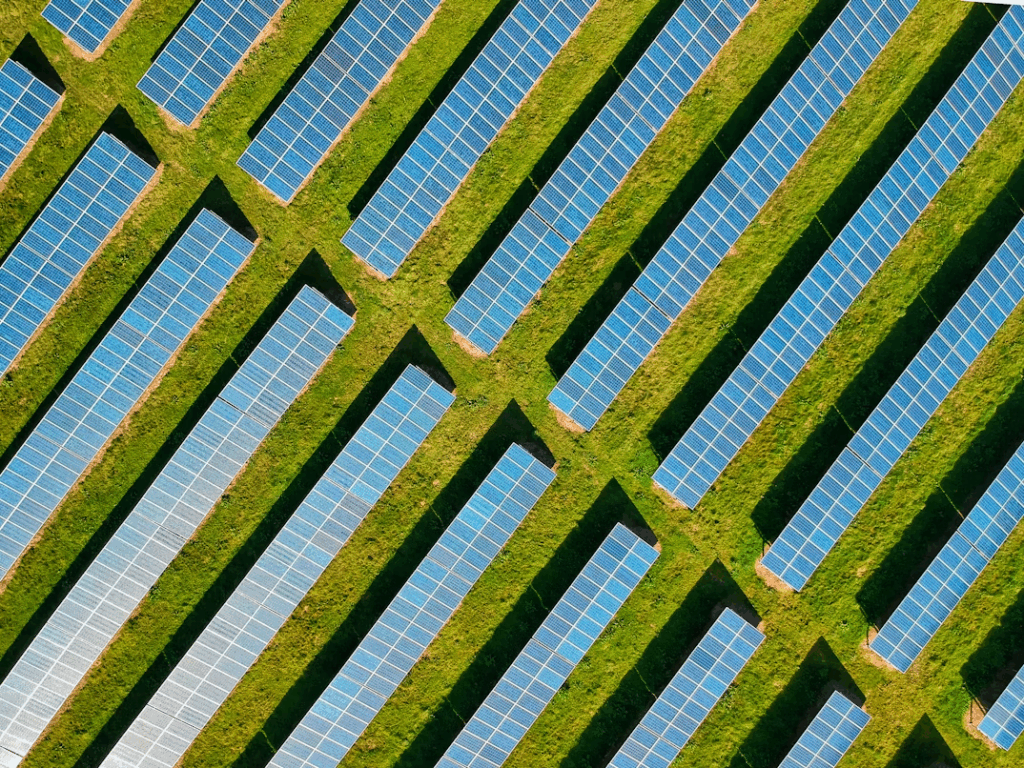 Aerial view of large solar farm showcasing global renewable energy trends with rows of blue panels on green fields
