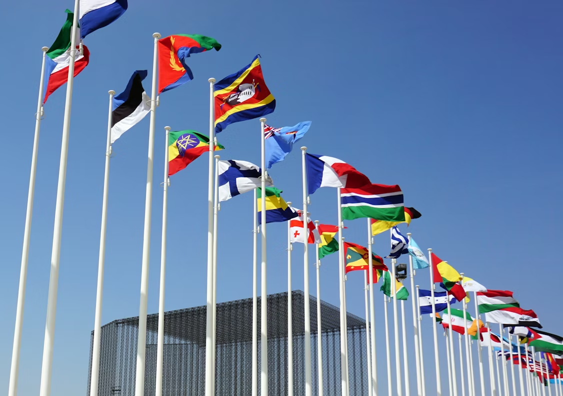Row of international flags waving, symbolizing global diplomacy and world leaders working together.